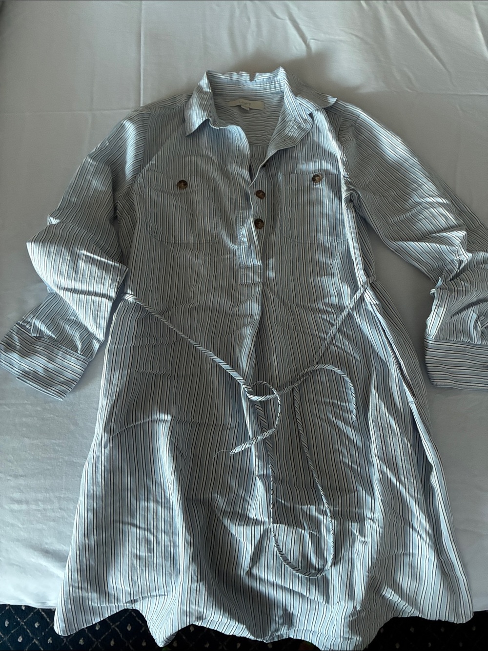 LOFT Light Blue and White Striped Long-Sleeve Shirt Dress